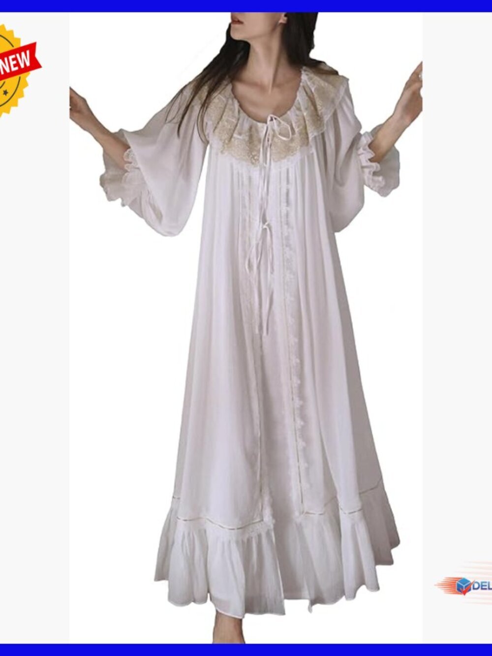 Small Cotton Victorian Nightgown Robe Set Built-in Bra Lace Collar - Picture 1 of 7